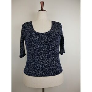 Fashion Bug Navy Blue Floral Scoop Neck Top Vintage 90s Elbow Sleeve Medium